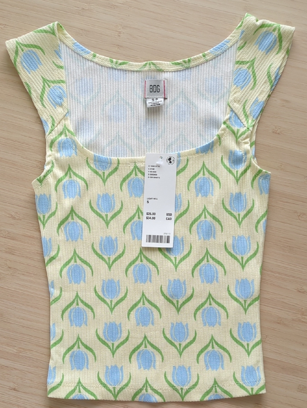 BDG Cream Ribbed Square-Neck Tank with Blue & Green Floral Print